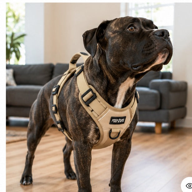 Tan comfort fit everyday dog harness on a brindle dog