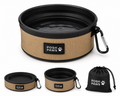 Foldable tan and black travel dog bowl with carabiner, shown expanded and collapsed