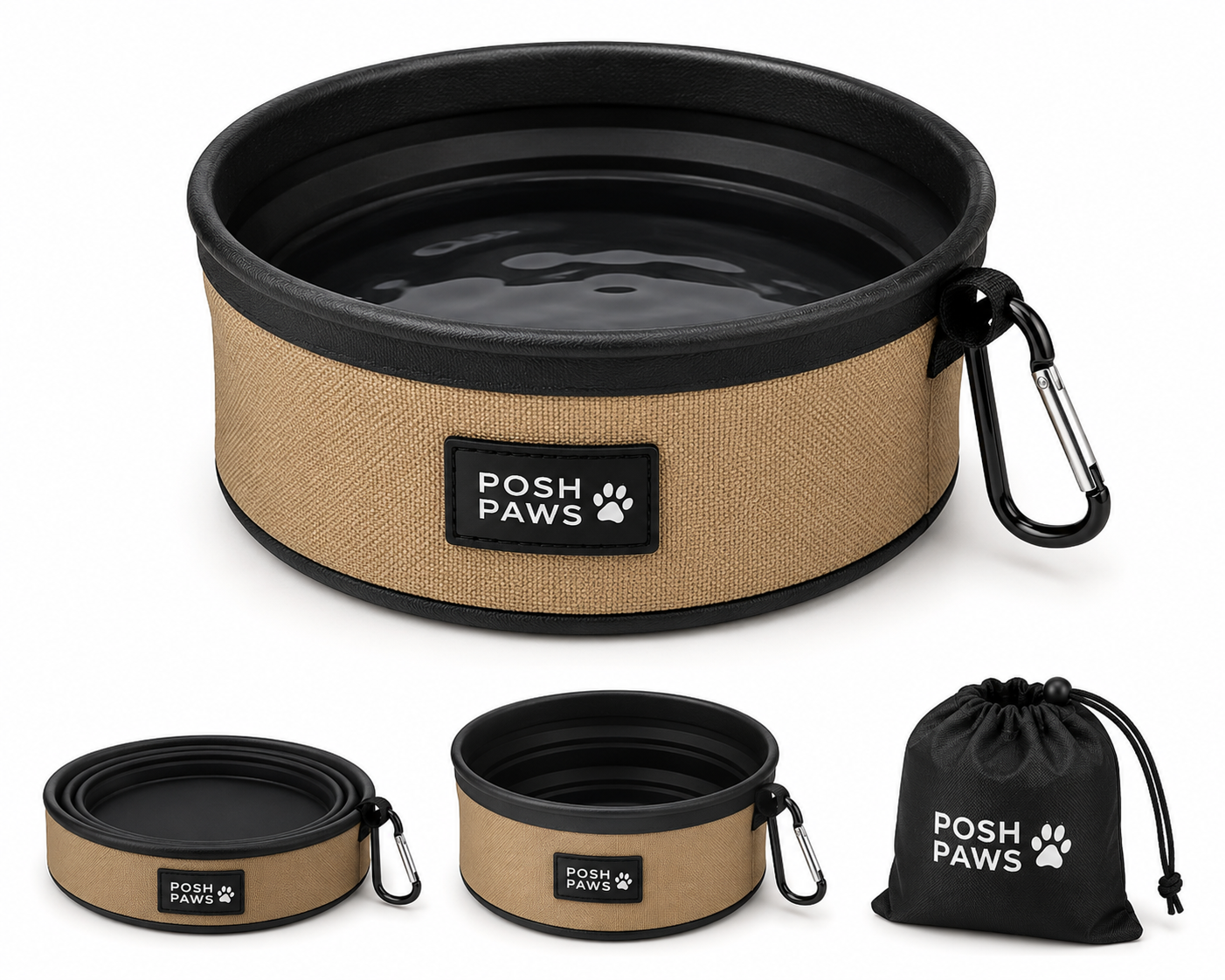 Foldable tan and black travel dog bowl with carabiner, shown expanded and collapsed