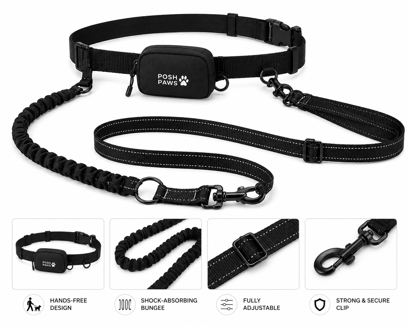 Black hands-free adjustable dog lead with secure clips, adjustable strap and shock-absorbing bungee