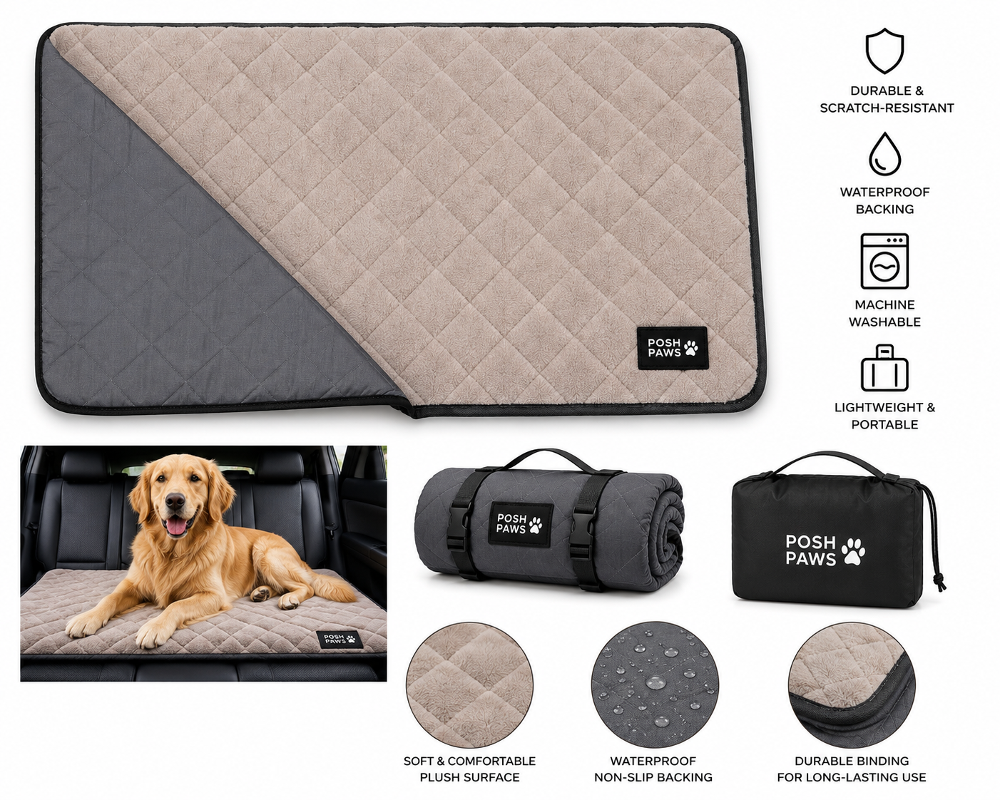 Premium dog travel mat shown flat with quilted surface, waterproof backing and portable rolled design